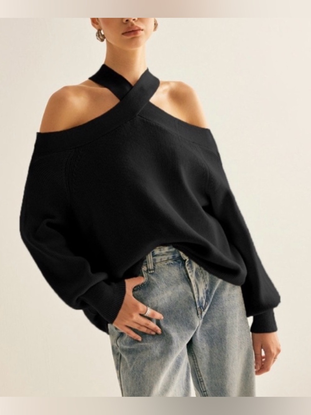 Commense Black Off-Shoulder Crisscross Sweater